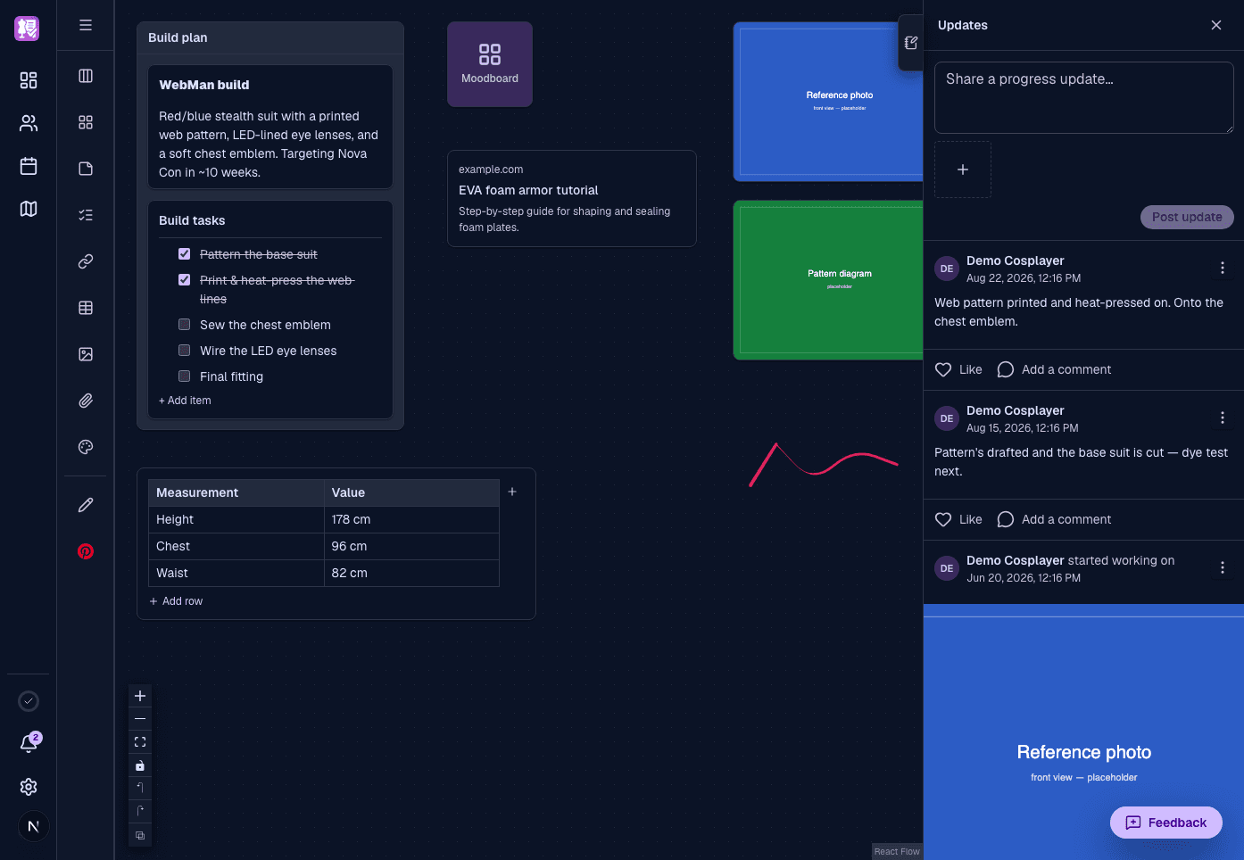 A filled-out cosplan build plan on the canvas