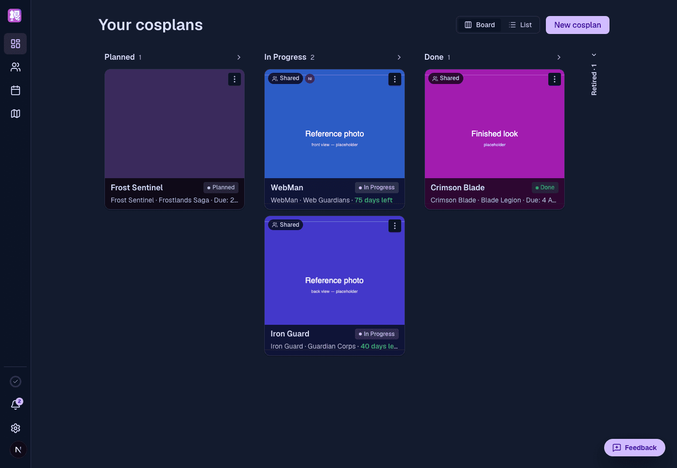 The cosplans dashboard, grouped into Planned, In Progress and Done