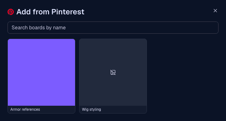 The "Add from Pinterest" board picker inside a cosplan