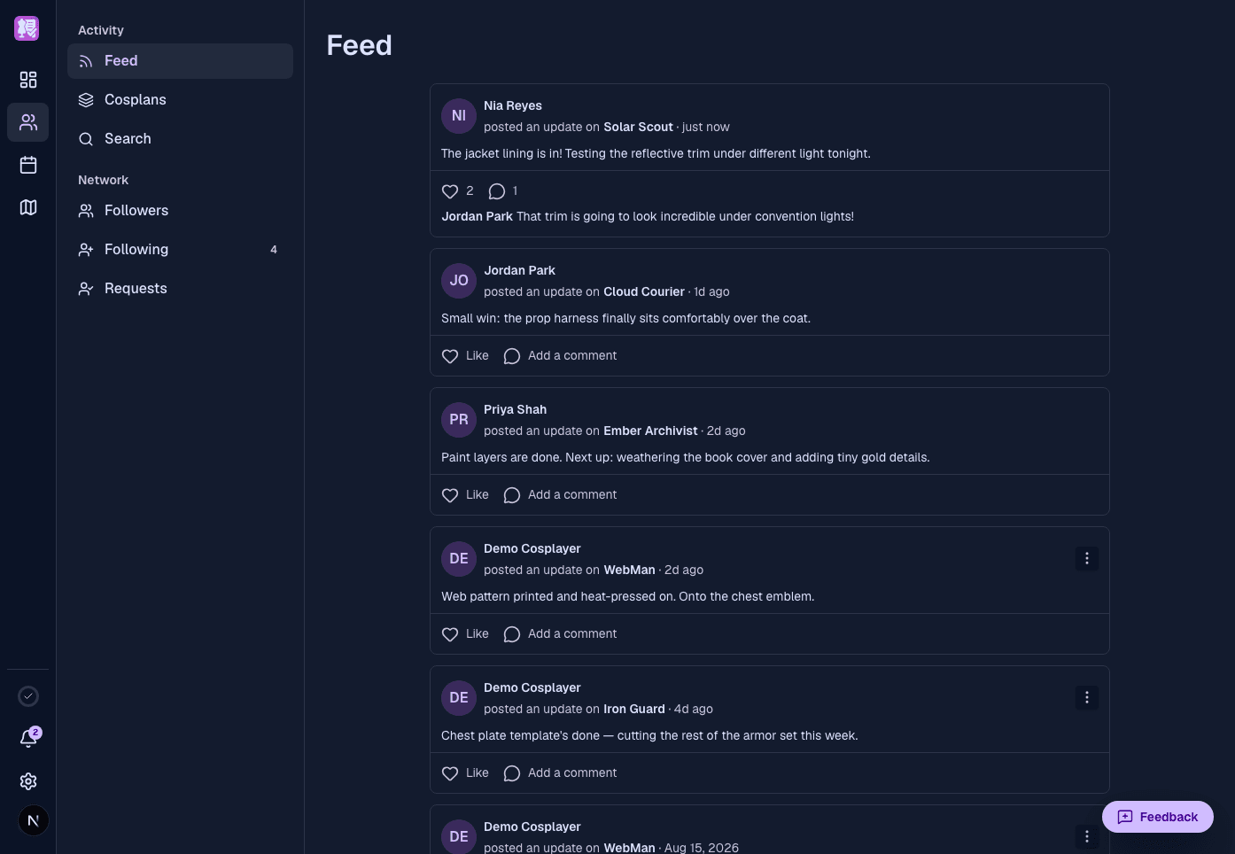 A friends feed with cosplayers sharing progress updates, comments and likes