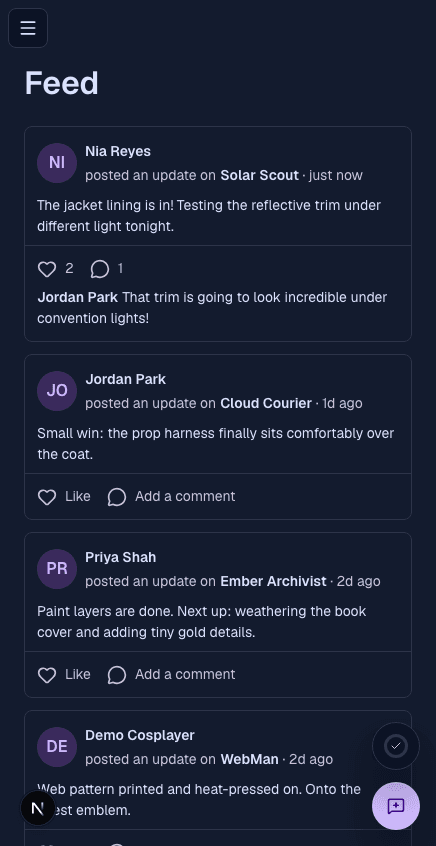 Progress updates on a cosplan shown on mobile